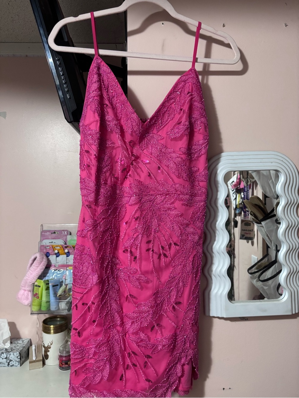 Fuchsia Beaded Spaghetti Strap Dress